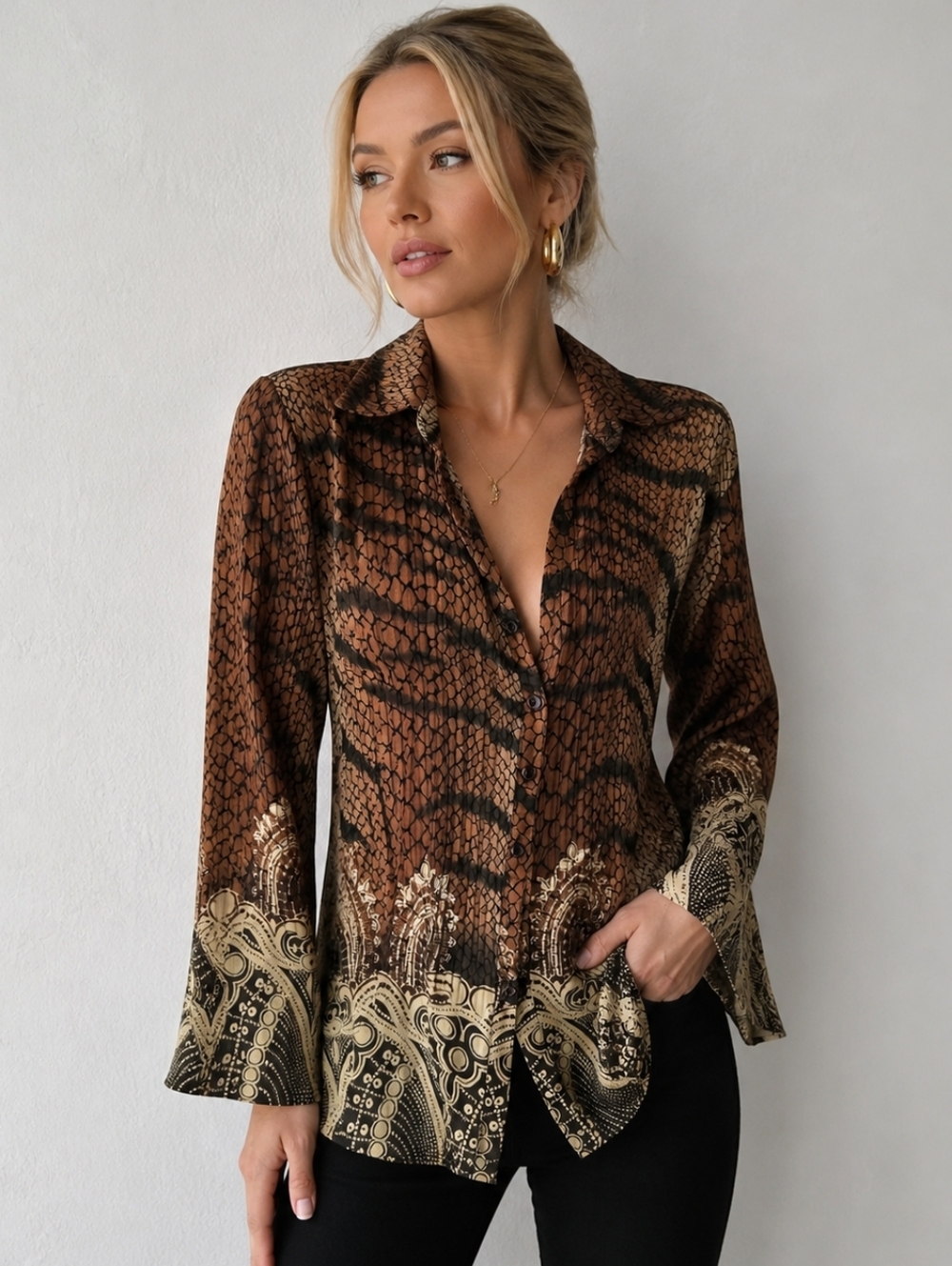 Camille La Vie Y2K Tiger Paisley Bell Sleeve Boho Mob Wife Blouse Top Medium